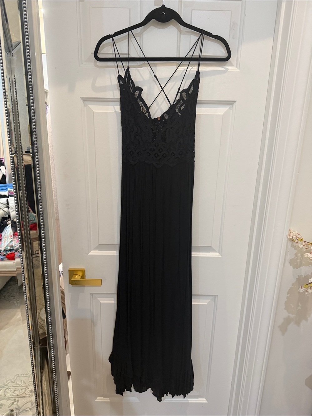 We The Free Black Lace-Trim Maxi Dress with Crisscross Straps